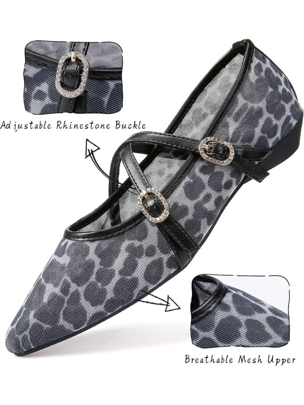Women's Black Leopard Mesh Flats Cross Ankle Strap Flat Slip On Comfortable